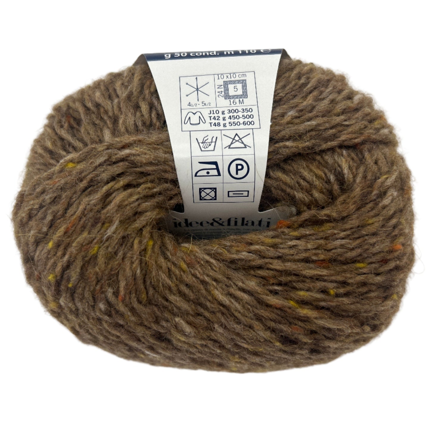 Ball of brown yarn with a label on a white background