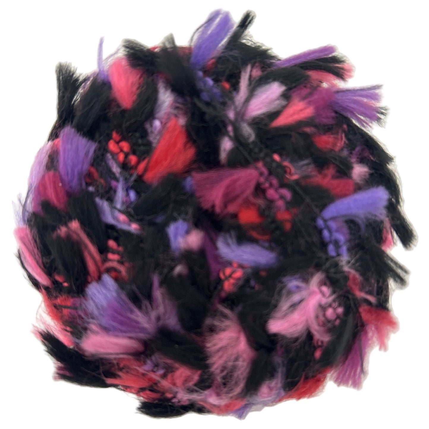 Colorful feathered ball with black, pink, and purple feathers on a white background
