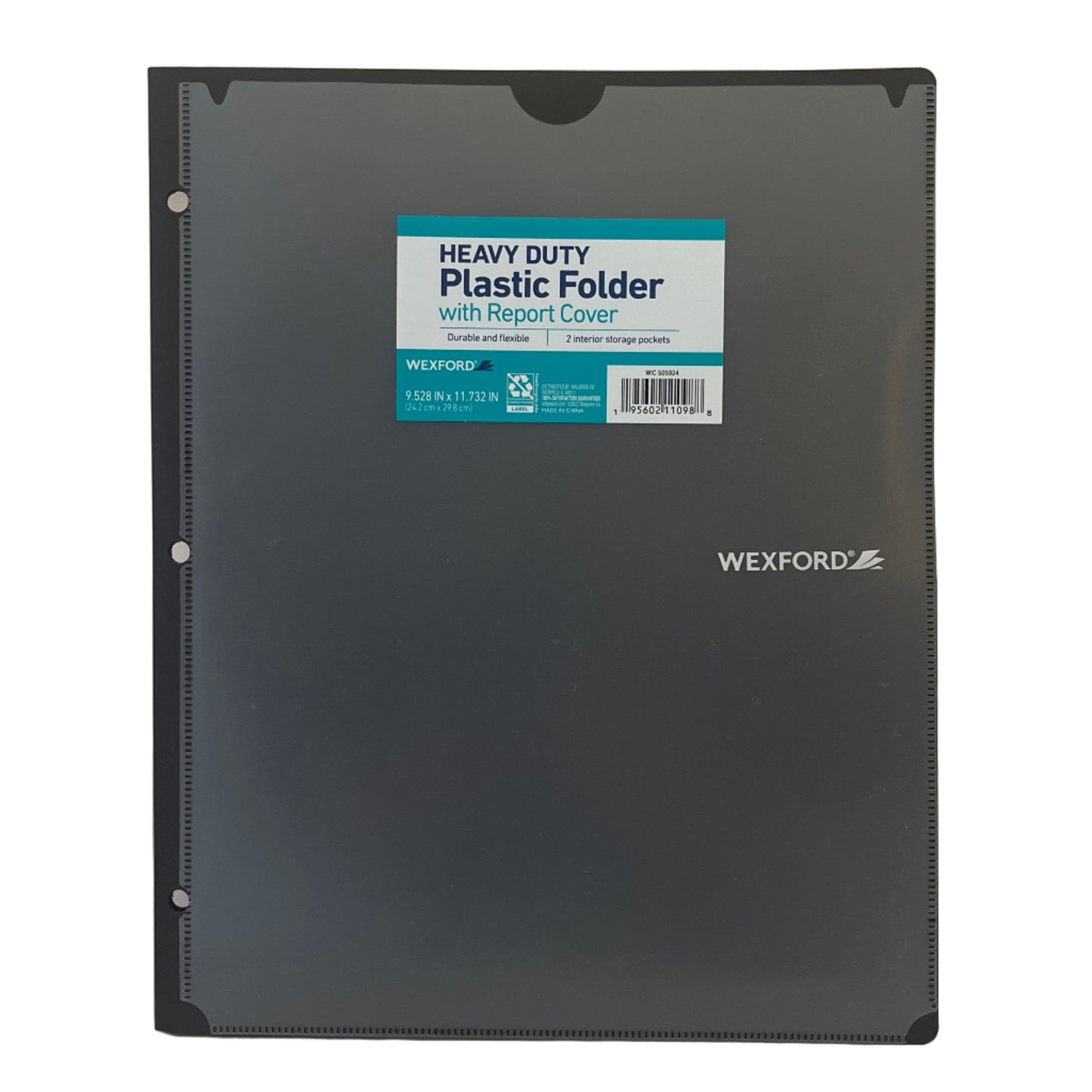 Black plastic folder with a label on a white background