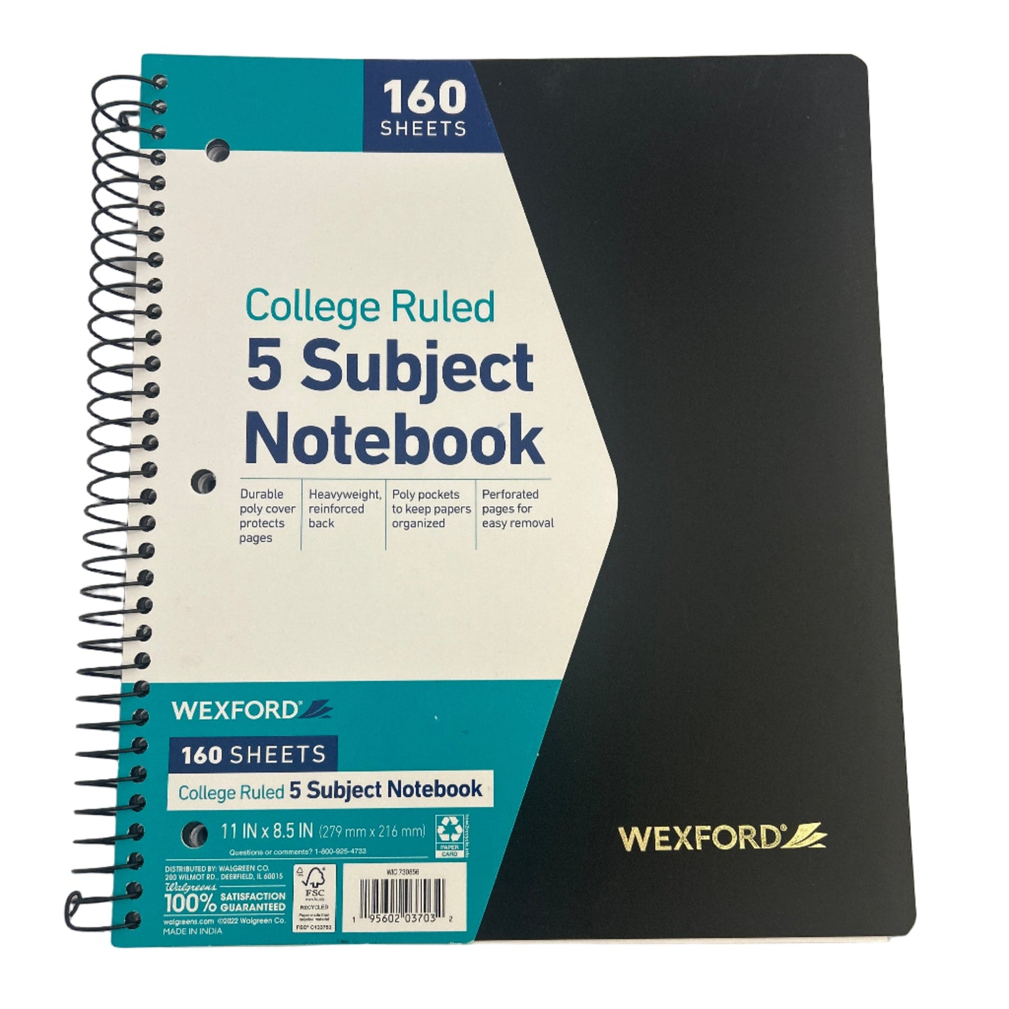 Wexford 5 Subject Notebook with black cover and blue spine on a light gray background