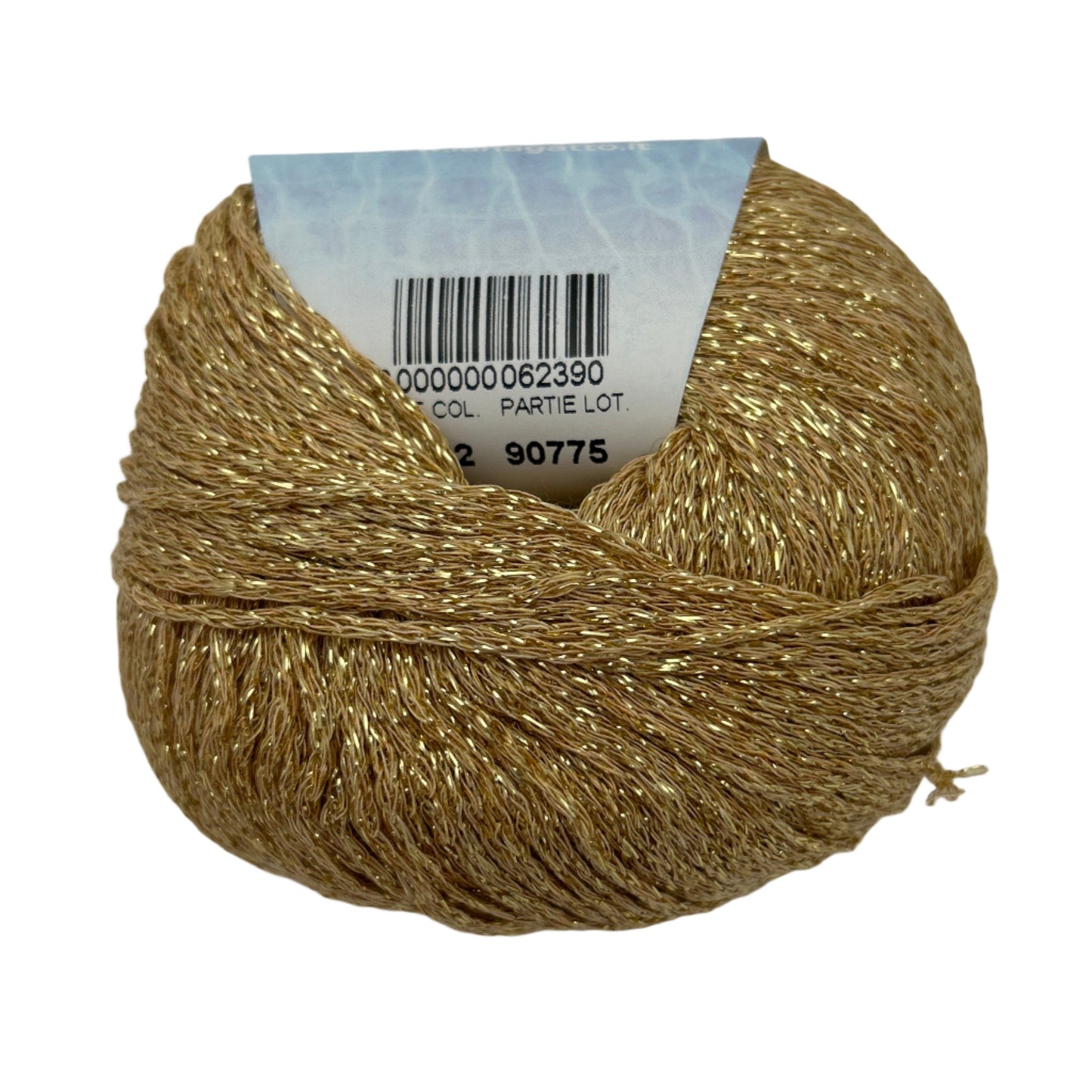 Gold yarn ball with a label on a white background