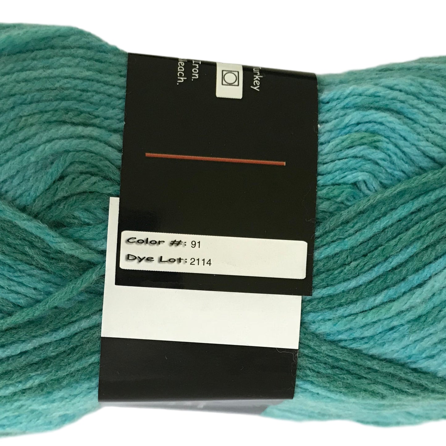 Teal skein of yarn with a label on a white background