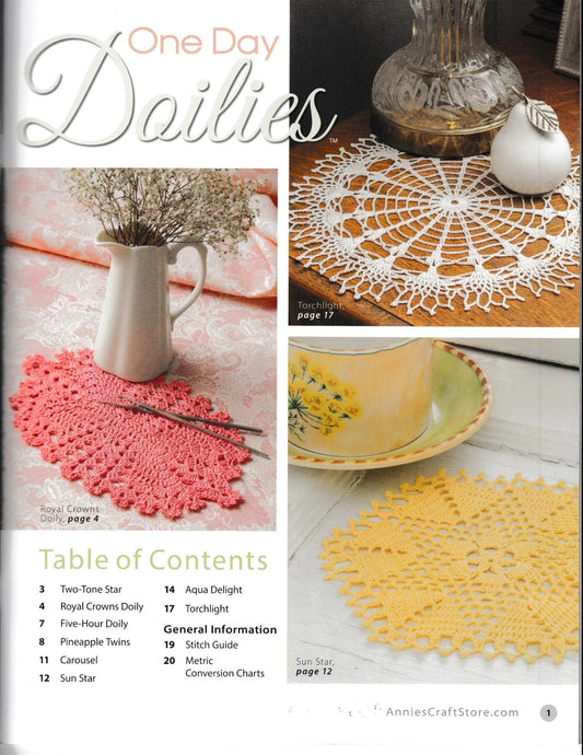 Table of contents for a crochet doily pattern book with images of doilies and a table setting.