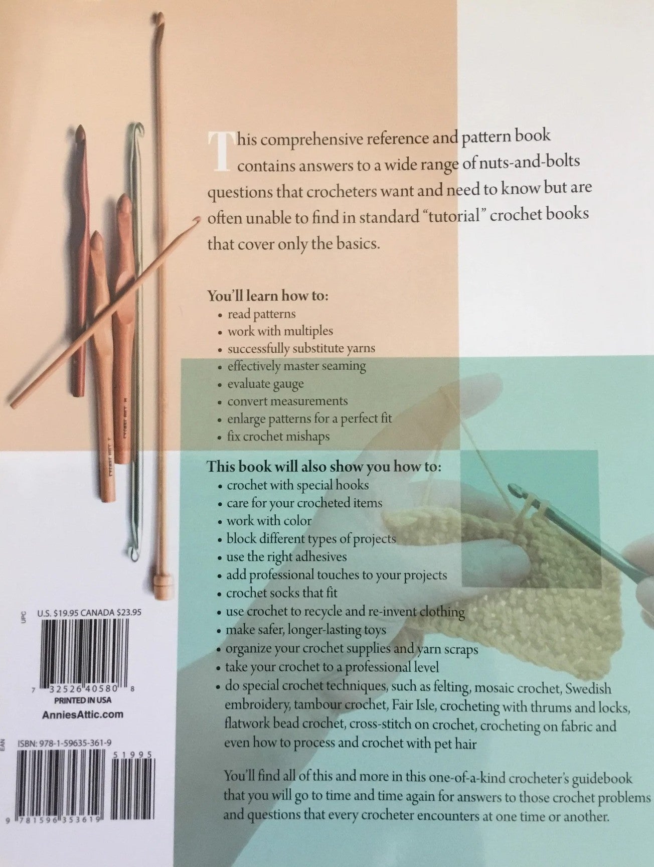 Back cover of a crochet reference book with text and images of crochet tools.