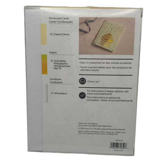 Back of a box containing pre-scored cards with product details and Cricut Joy branding.