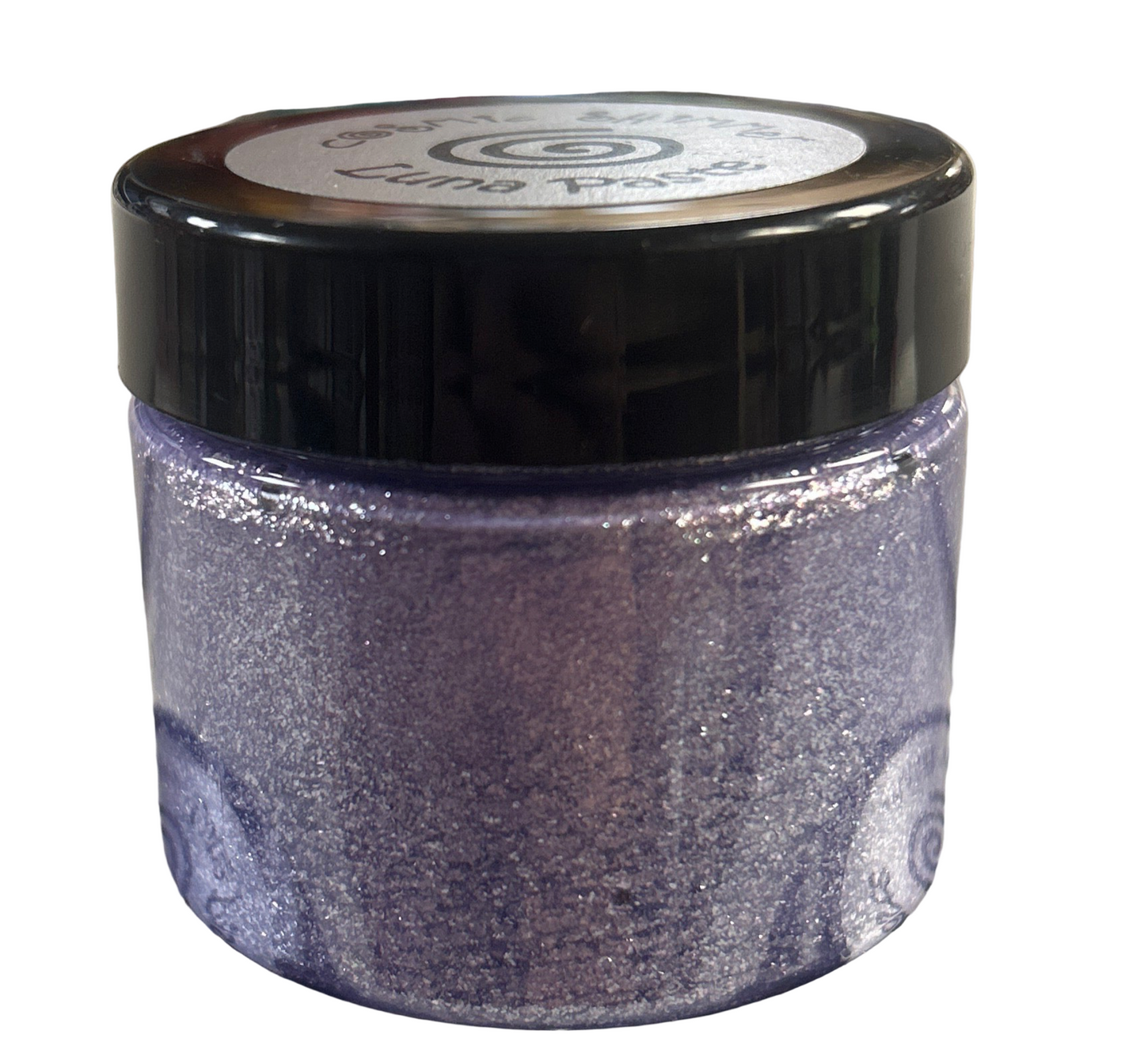Jar of glitter with a black lid on a reflective surface