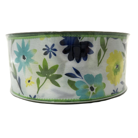 Blue Green Floral - 2.5” x 50 yds - Wire Edged Premium Ribbon
