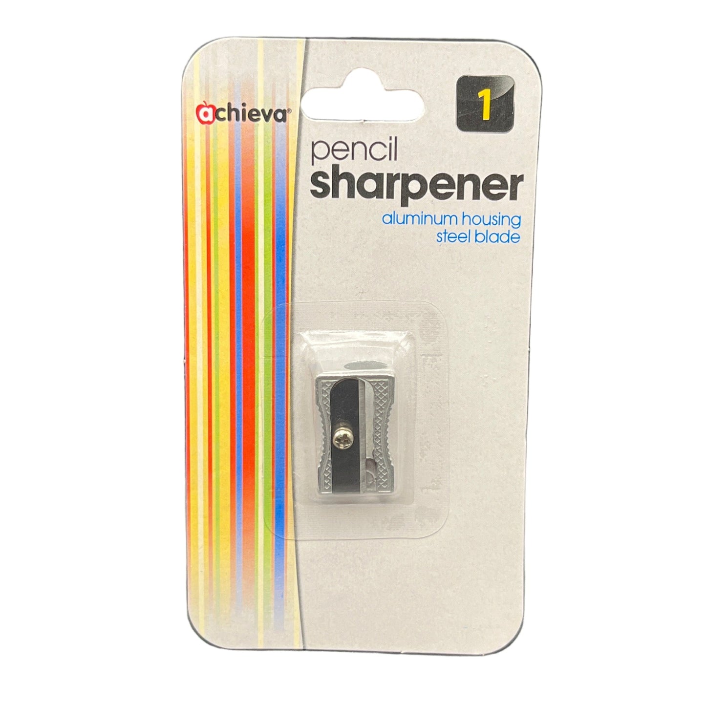 Pencil sharpener in packaging with colorful side panel on a white background