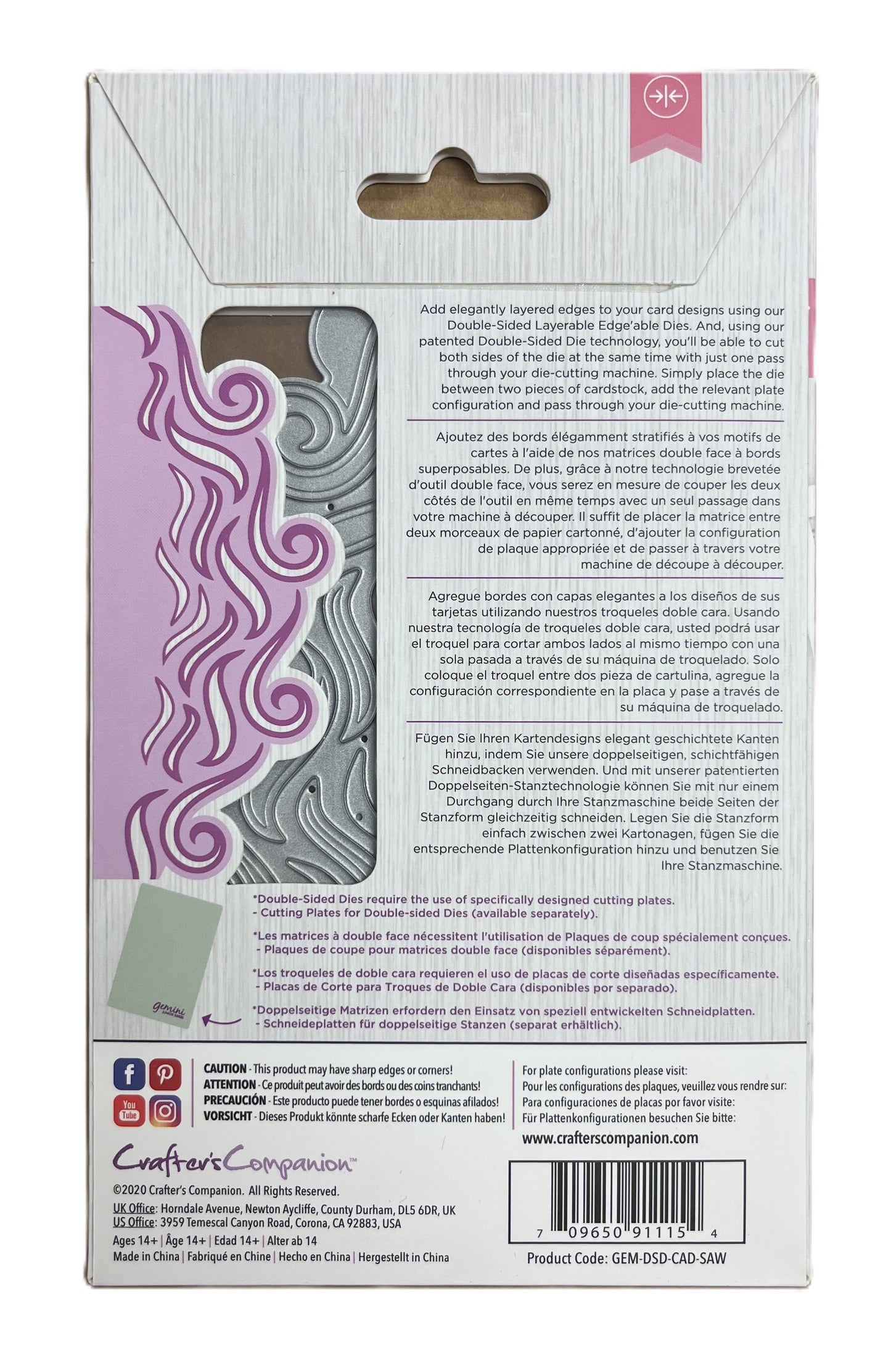 Product packaging with a decorative design on the left side and text on the right.