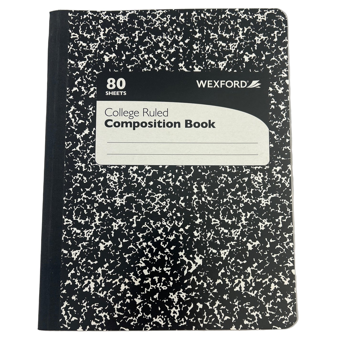 Wexford composition book with black and white speckled cover on a white background