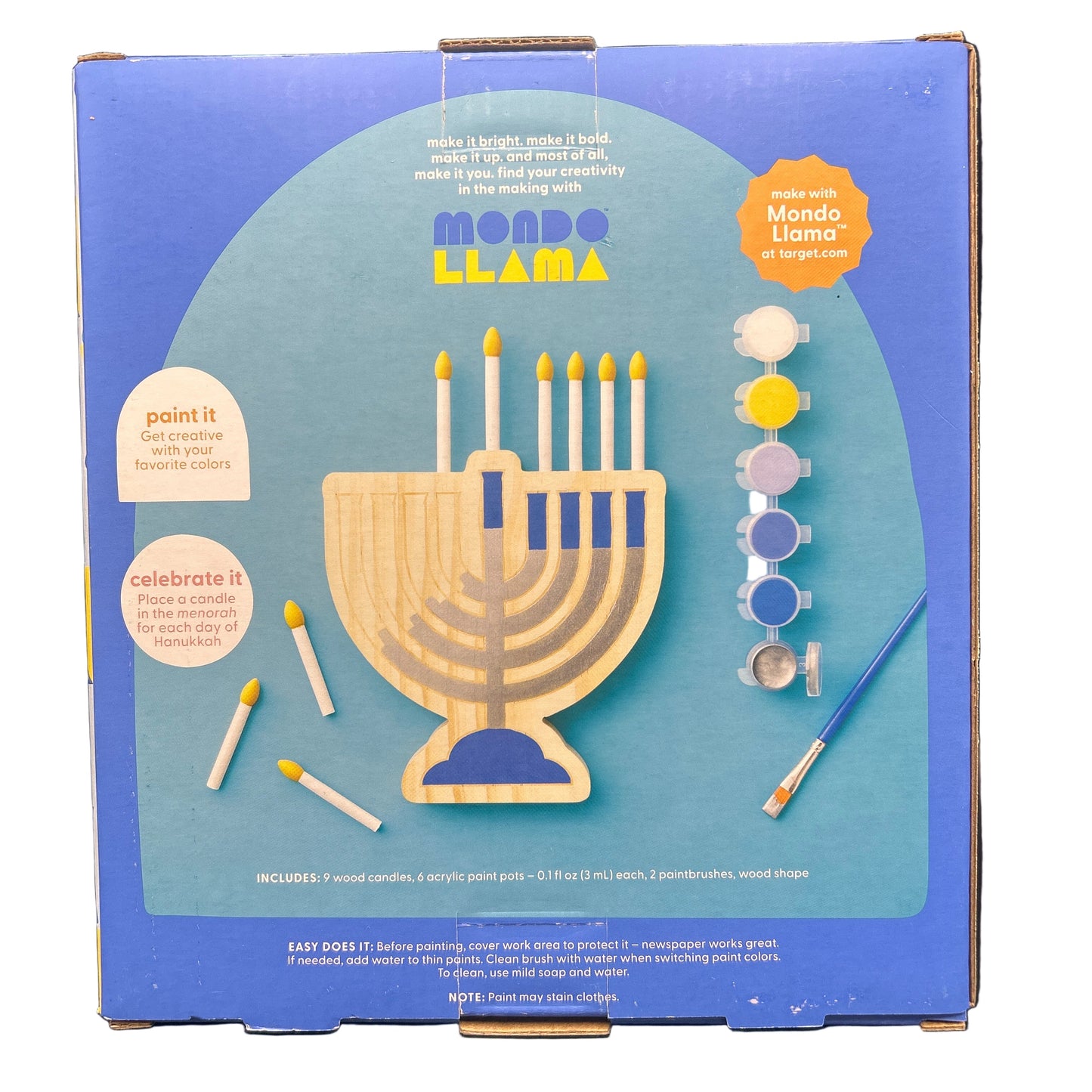 Mondo Llama menorah craft kit packaging on a white background