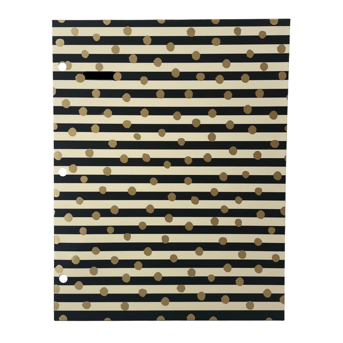 Notebook with black and beige striped cover featuring gold polka dots on a white background