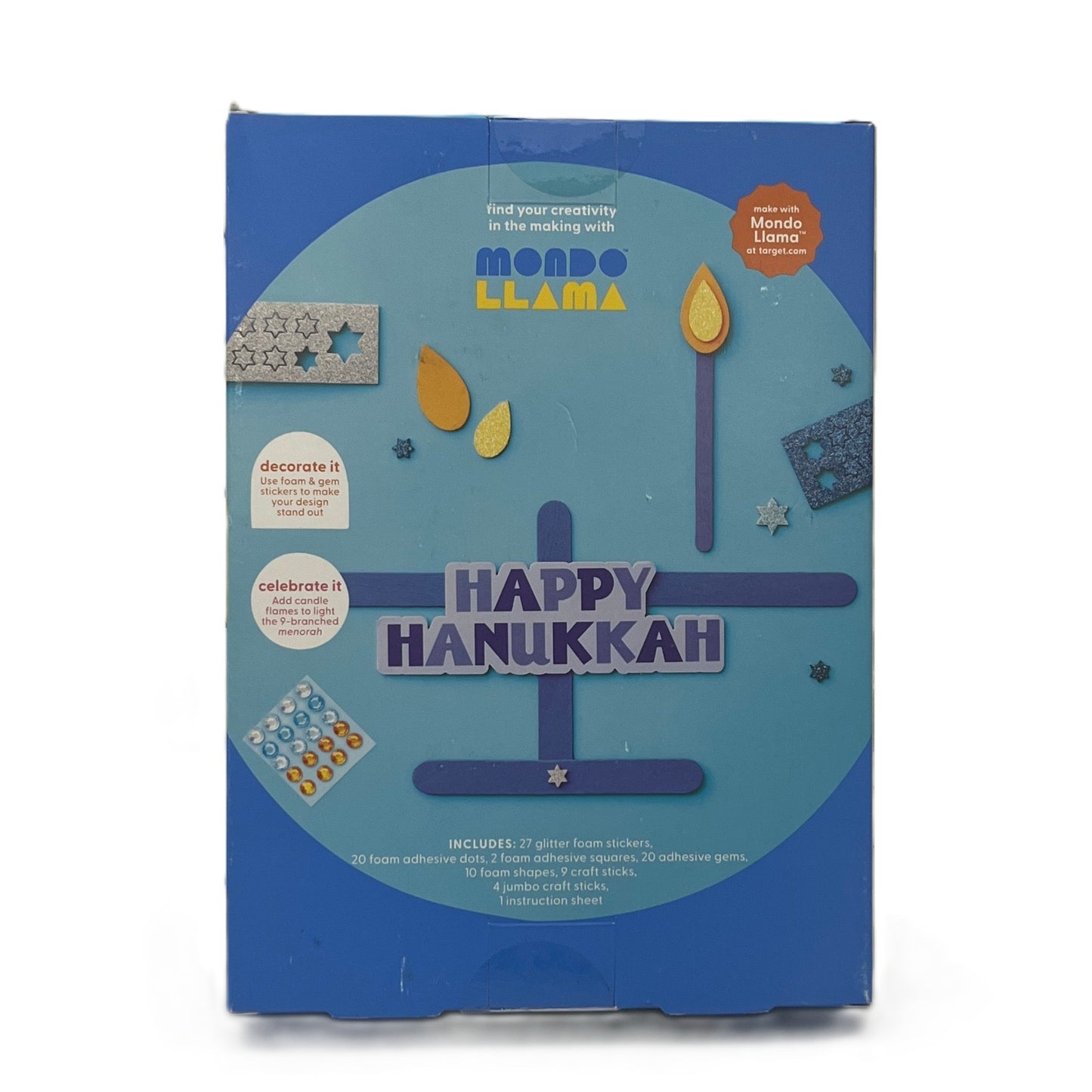 Packaging for a Hanukkah craft kit with decorative elements and text.