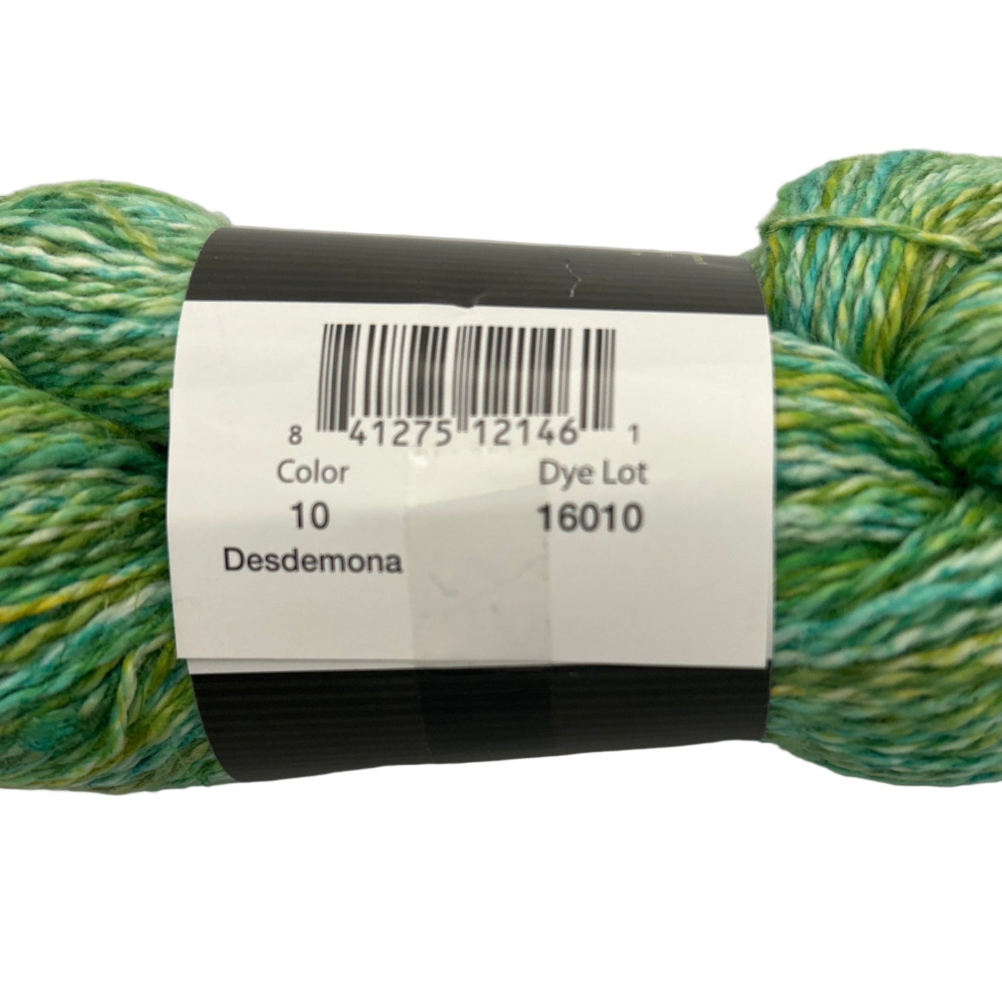 Skein of green yarn with a label on a white background