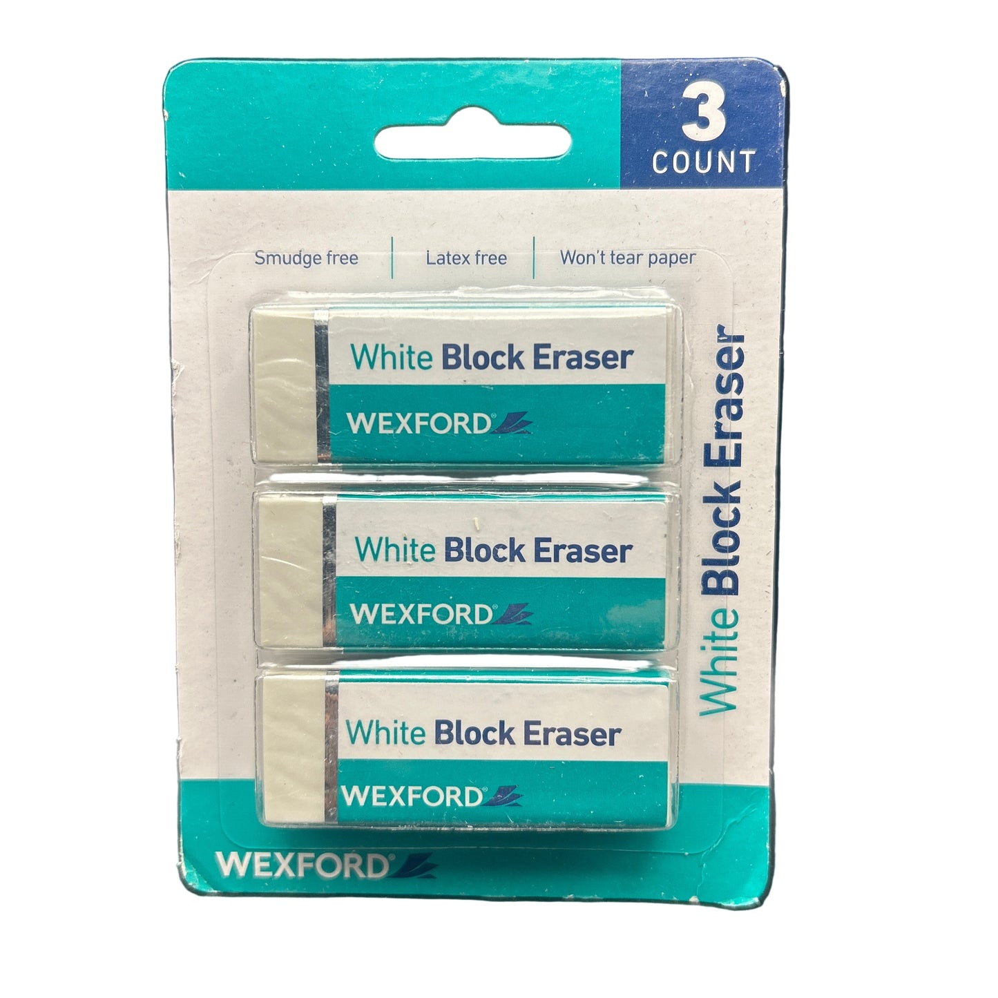 Pack of Wexford White Block Erasers with three erasers on a white background