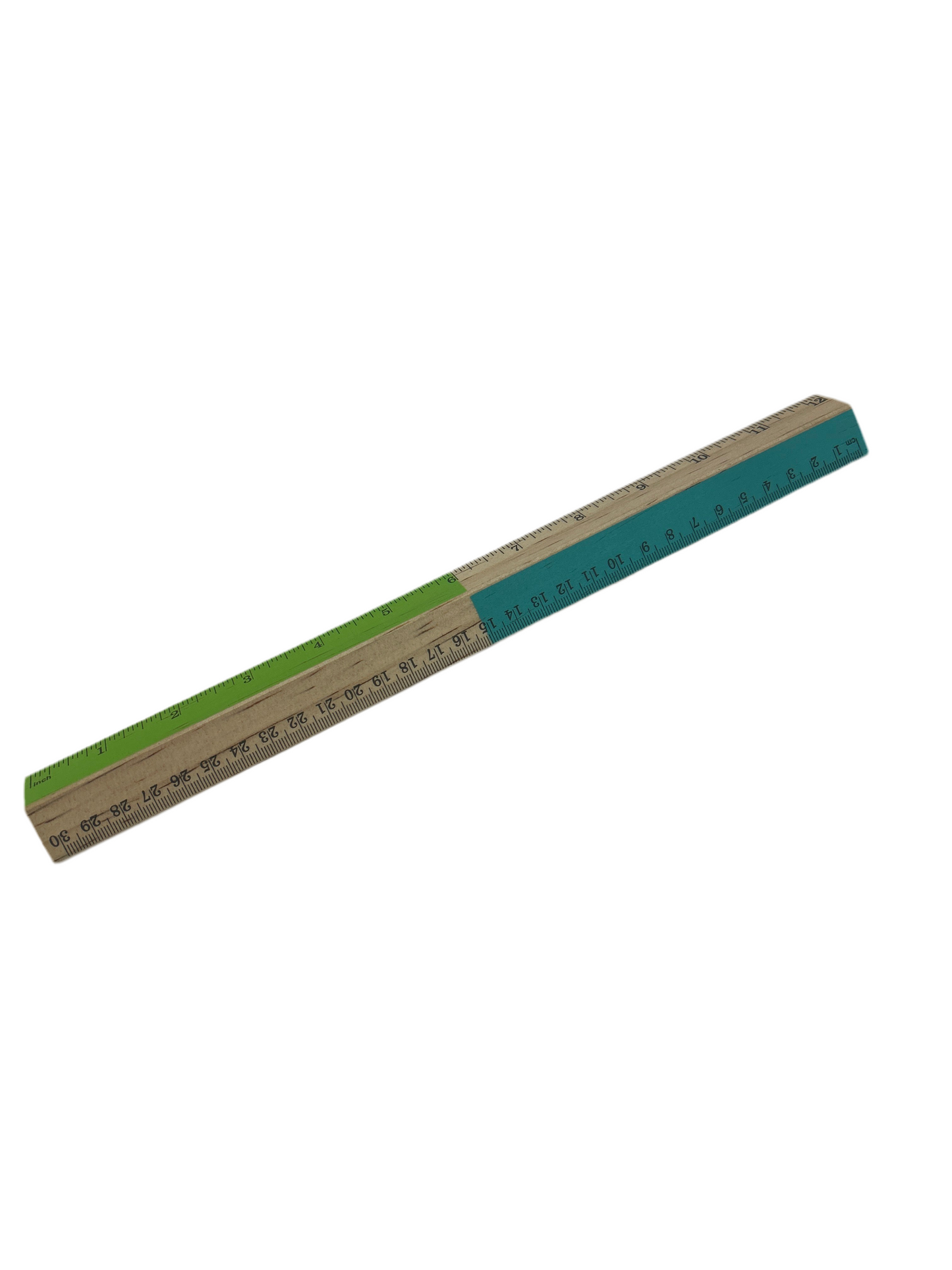 Wooden ruler with green and blue gradient on a white background