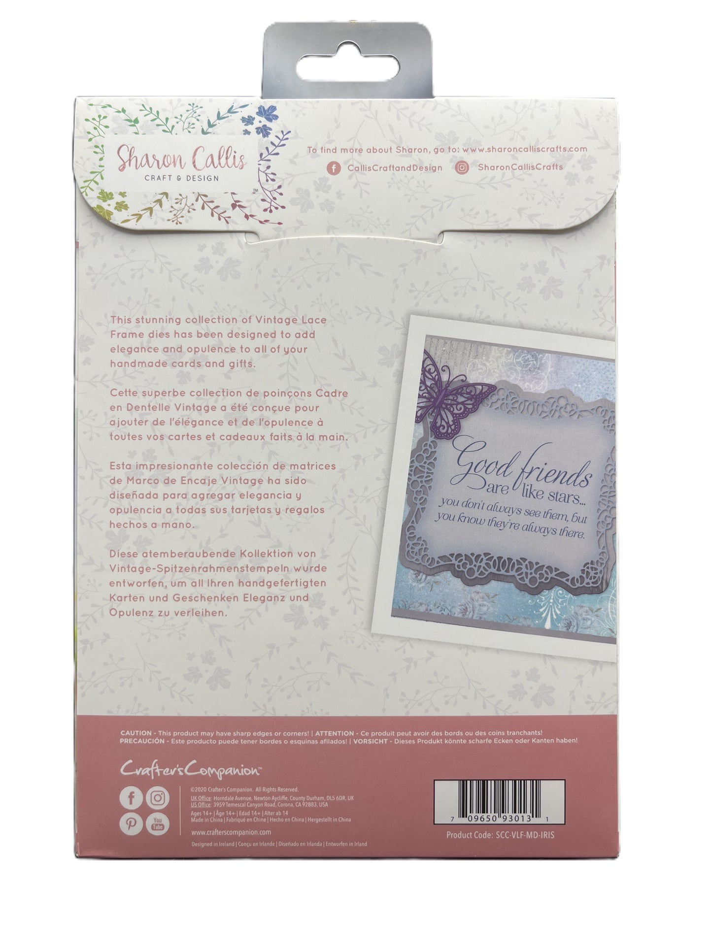 Back of a packaging for a product with text and a small image of a card.