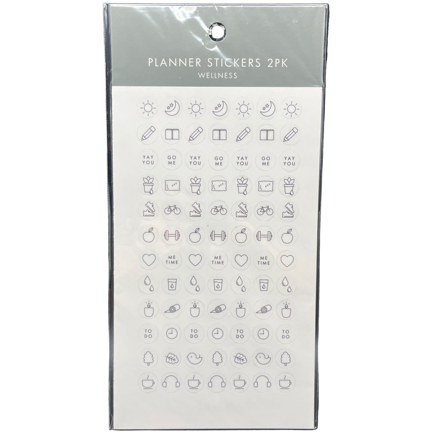 Pack of planner stickers with various icons on a white background