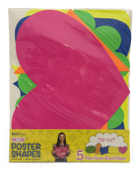 Neon poster shapes packaging with colorful shapes and a woman holding a sign.