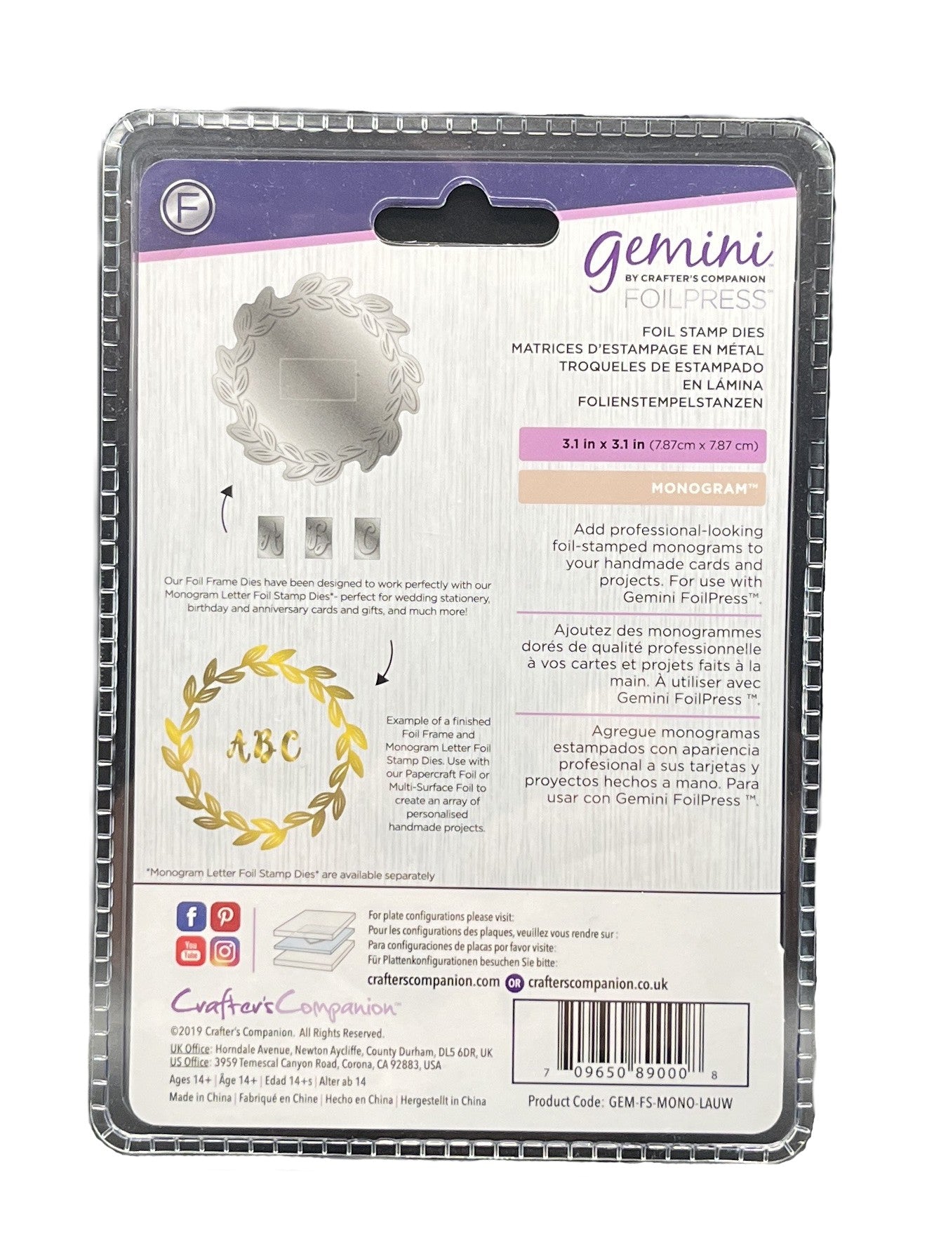 Foil stamp die set packaging with branding and product details on a white background