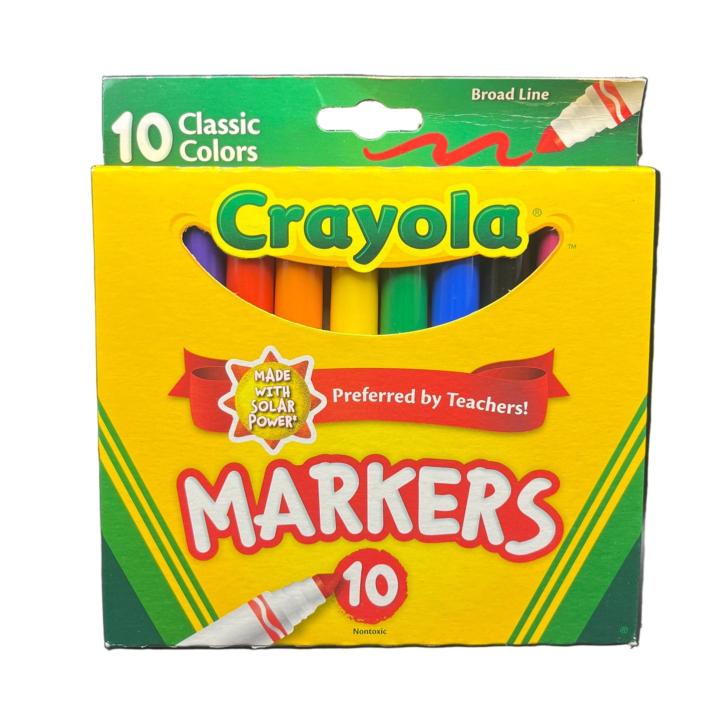 Crayola markers packaging with colorful design on a white background
