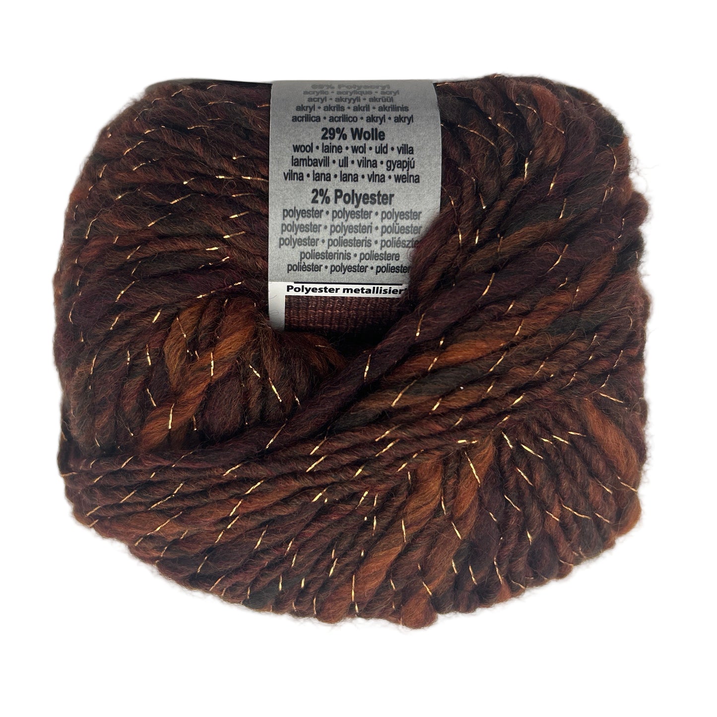 Brown skein of yarn with a label on a white background