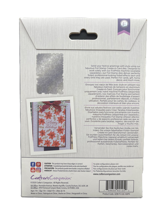 Back of a greeting card packaging with text and a sample card on a white background