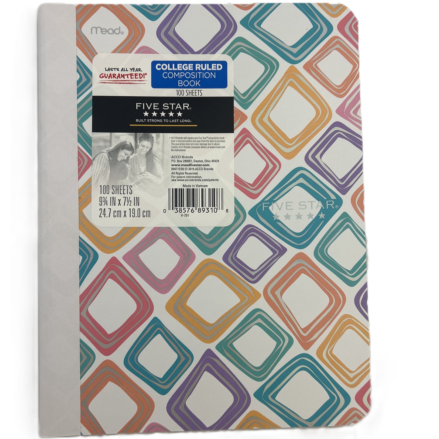 Five Star composition notebook with colorful geometric pattern on the cover