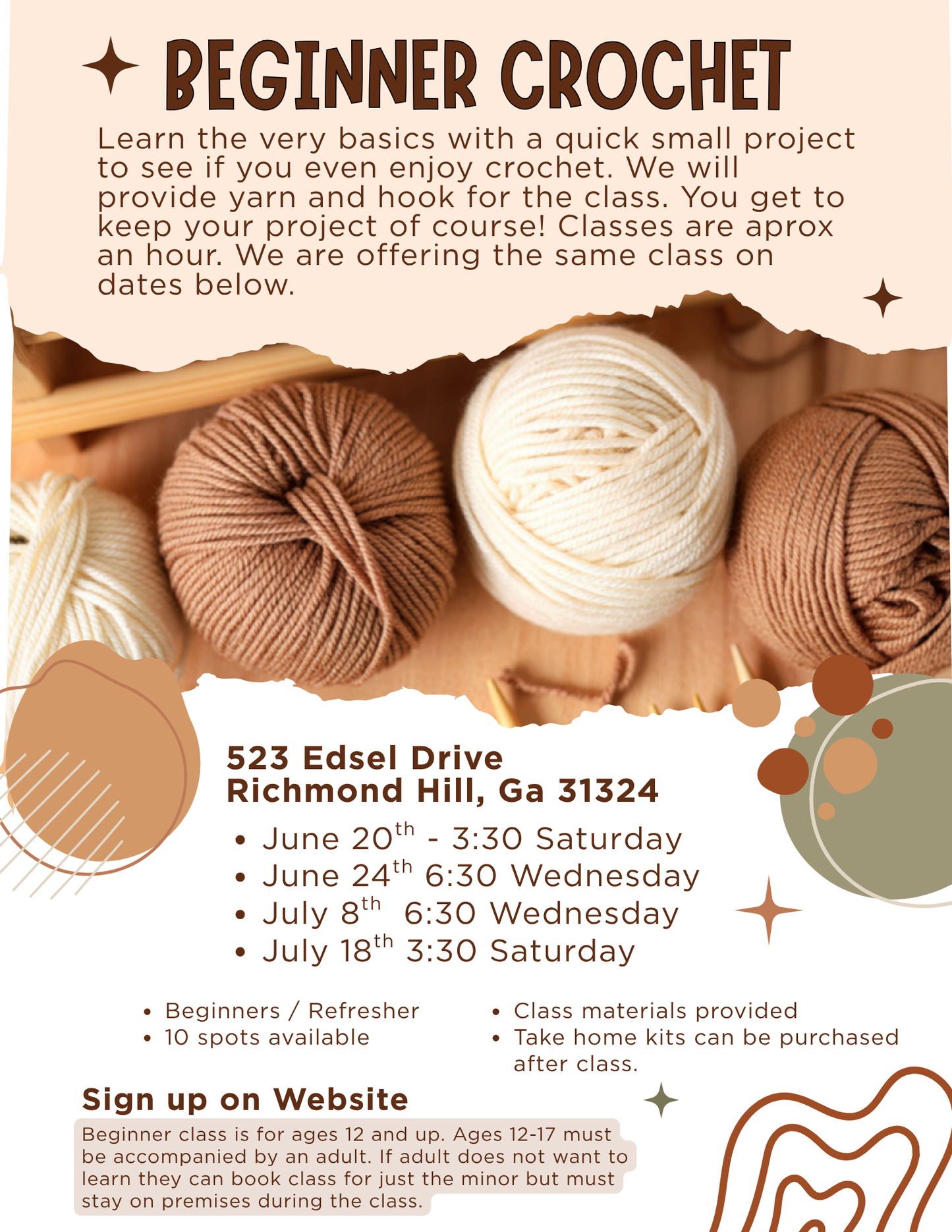 Beginner Crochet Class - Sat June 20th 3:30