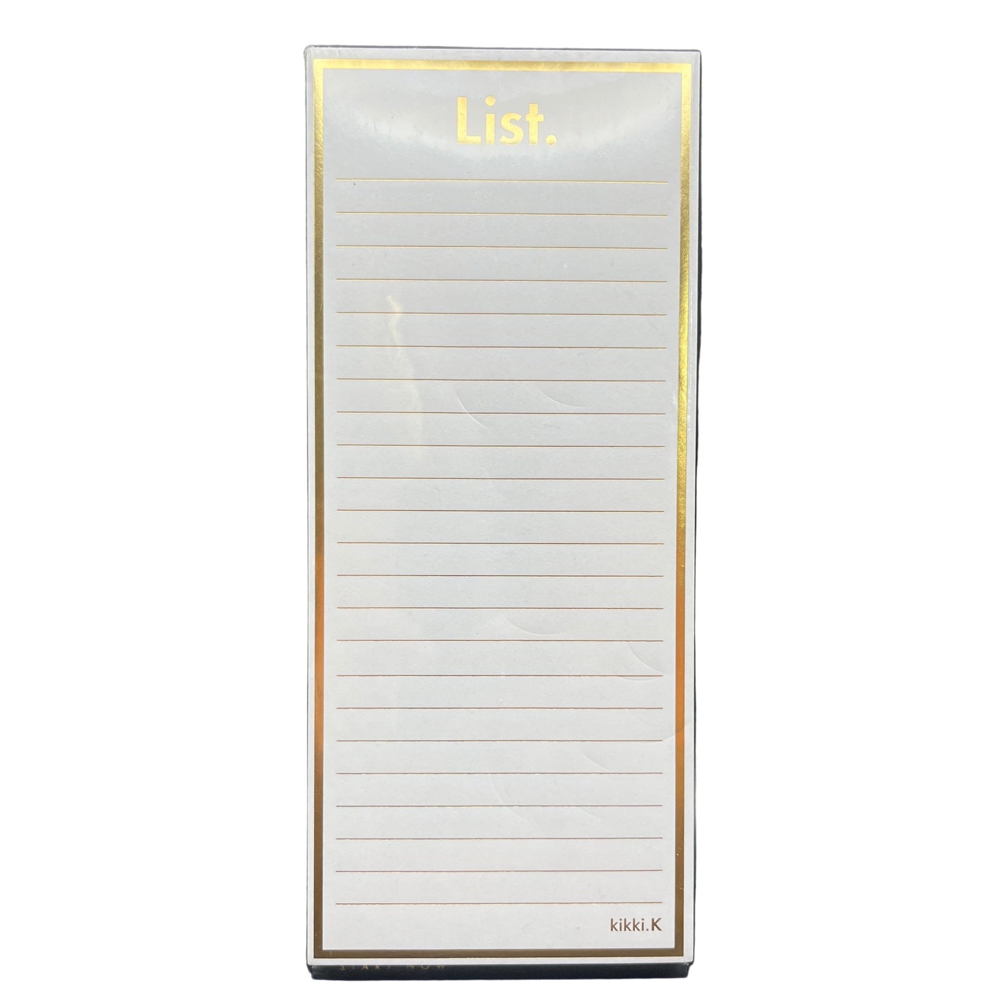 Notepad with lined pages and gold border on a white background
