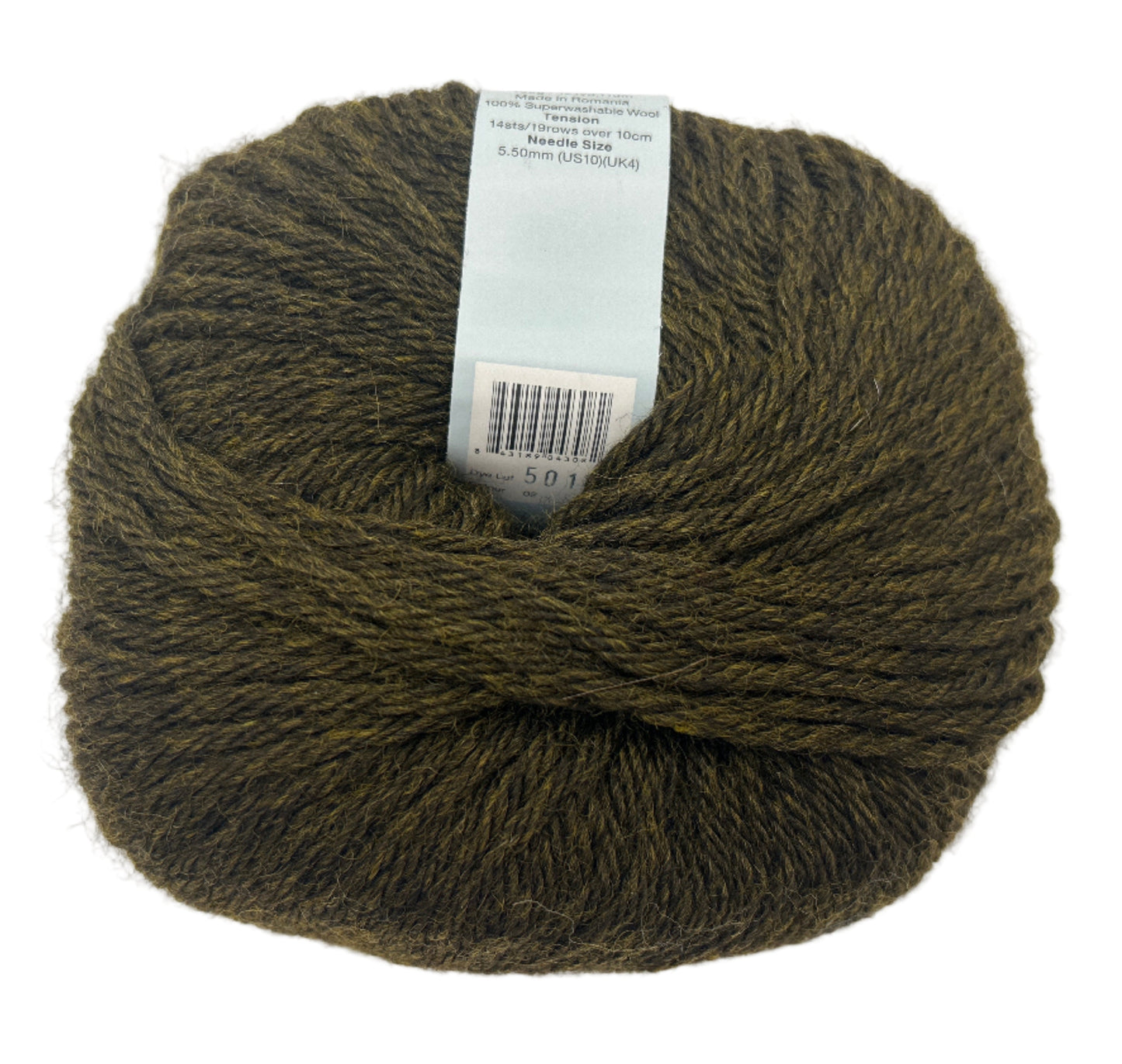 Ball of dark green yarn with a label on a white background