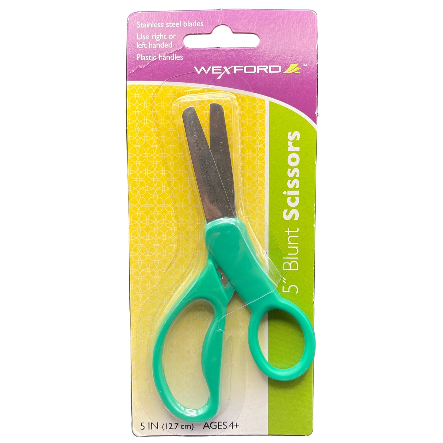 Green scissors with blunt blades in a Wexford packaging on a white background