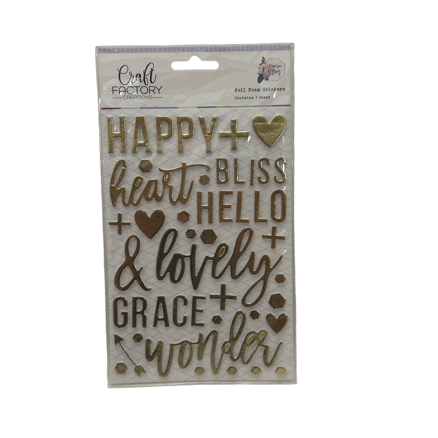 Packaged decorative stencil with motivational phrases and heart symbols on a white background