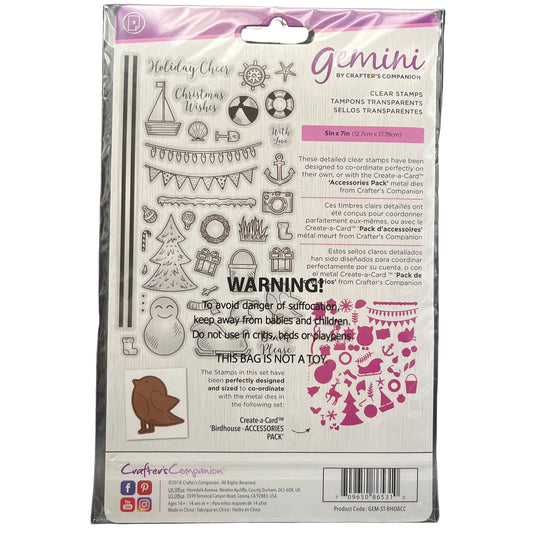 Package of Gemini clear stamps with illustrations and text on a white background