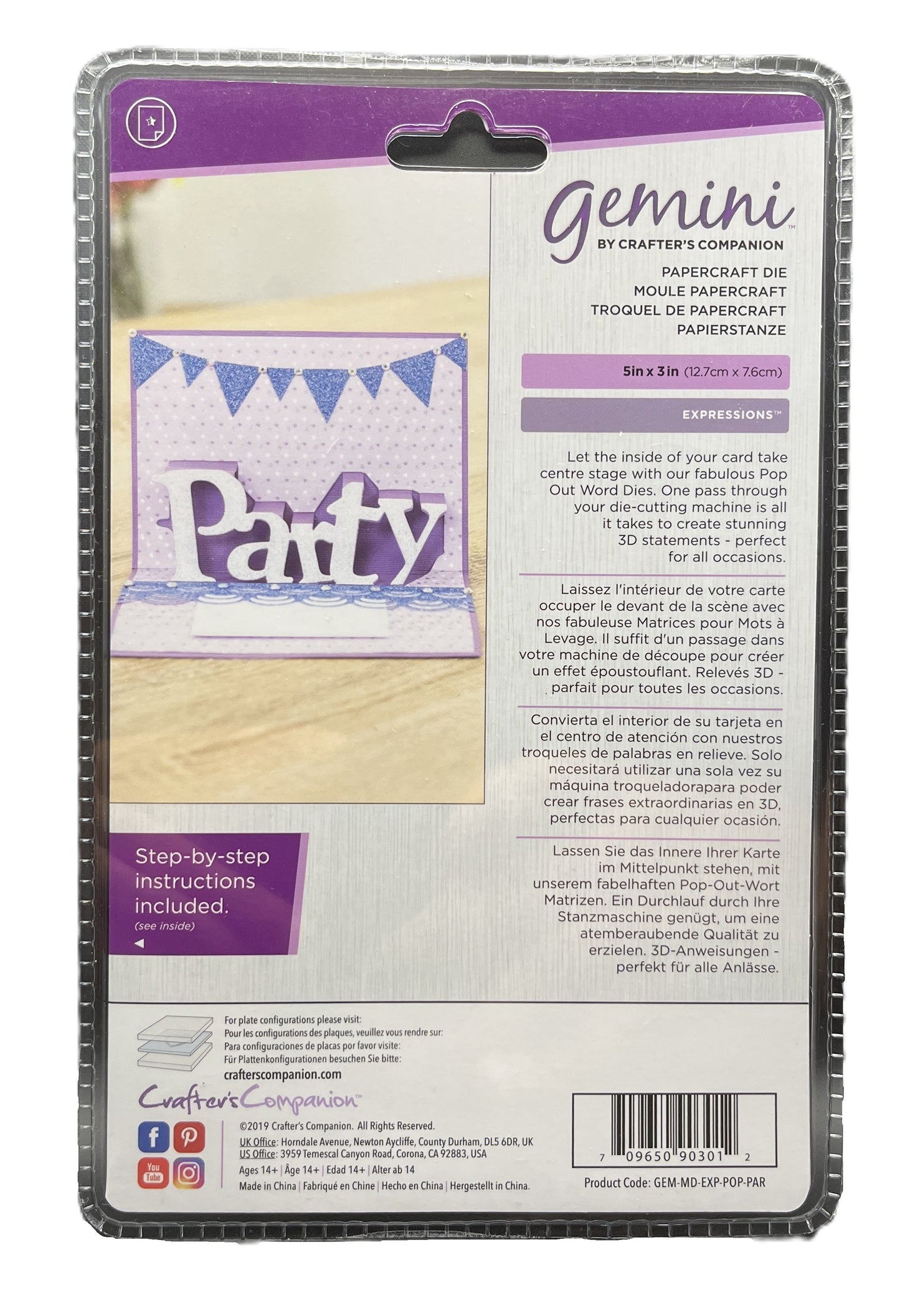 Packaging of Gemini Crafters Companion papercraft die with step-by-step instructions on a white background