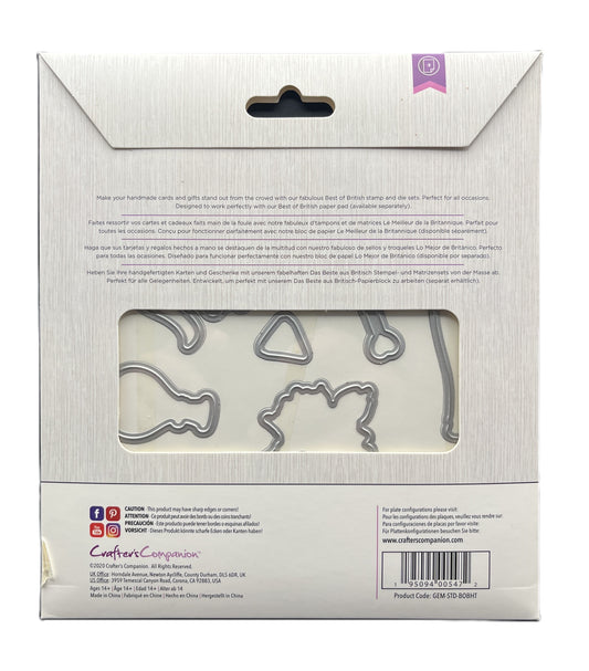 Back of packaging with metal cookie cutters on a white background