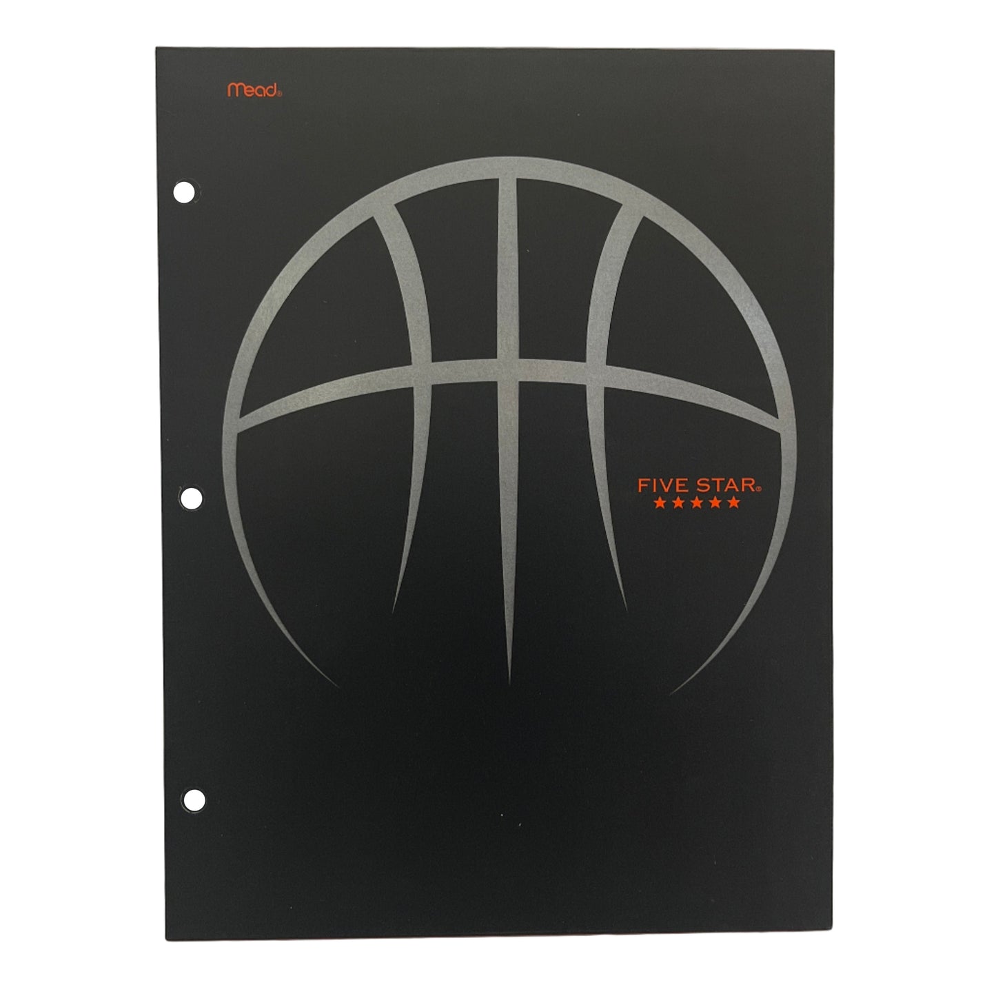 Black notebook cover with basketball design and 'Five Star' branding on a white background