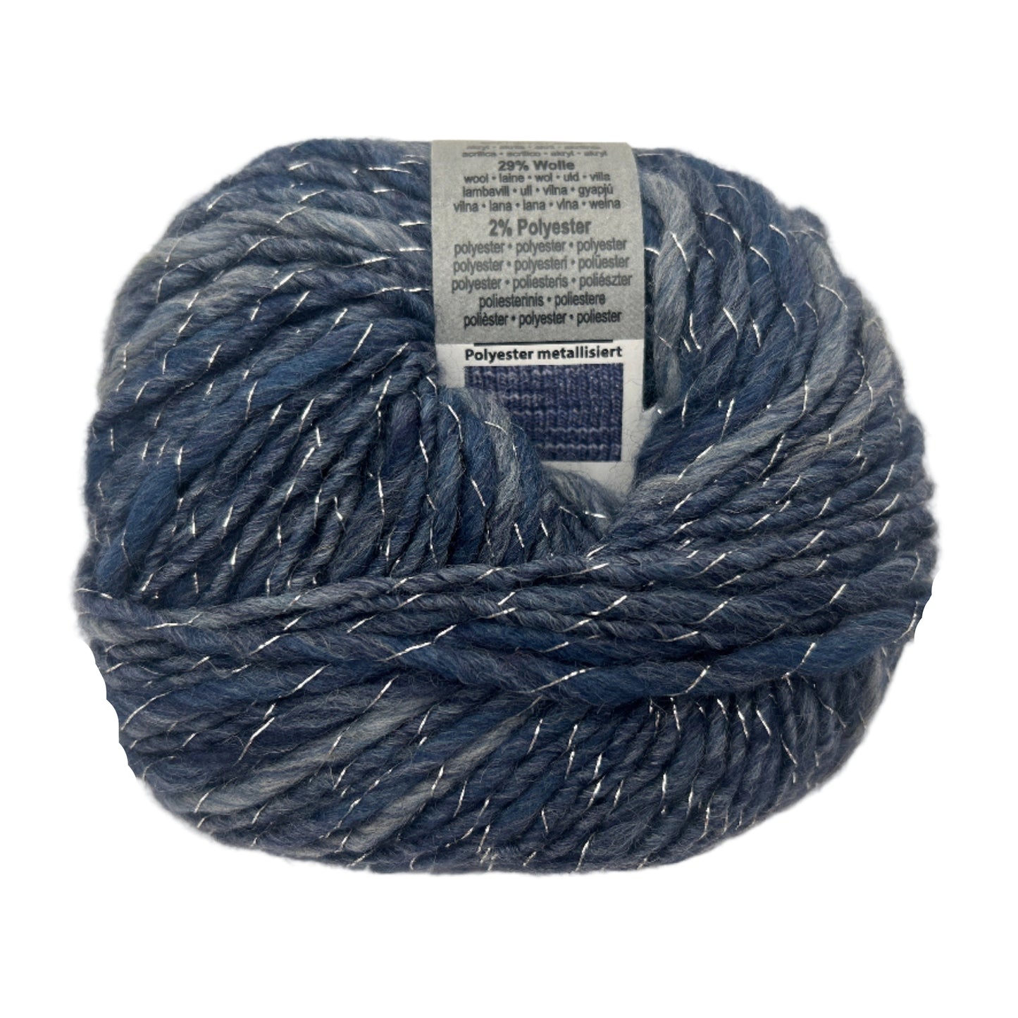 Blue yarn ball with a label on a white background
