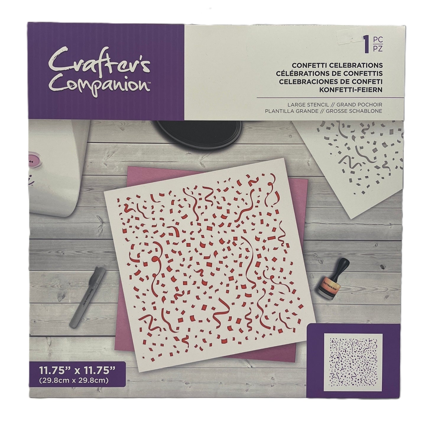 Crafter's Companion stencil with confetti design on a wooden surface