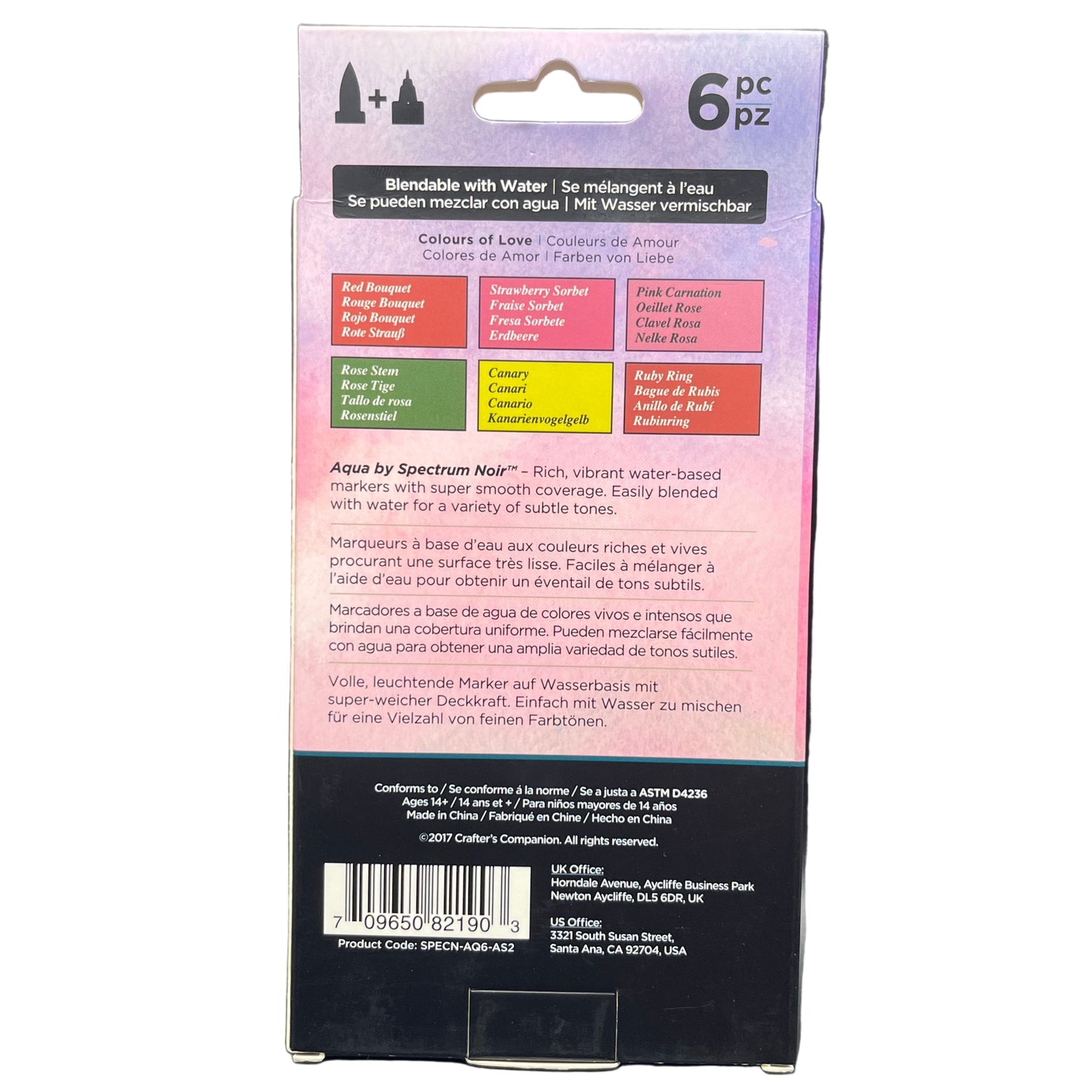 Back of a product packaging with color swatches and text on a white background
