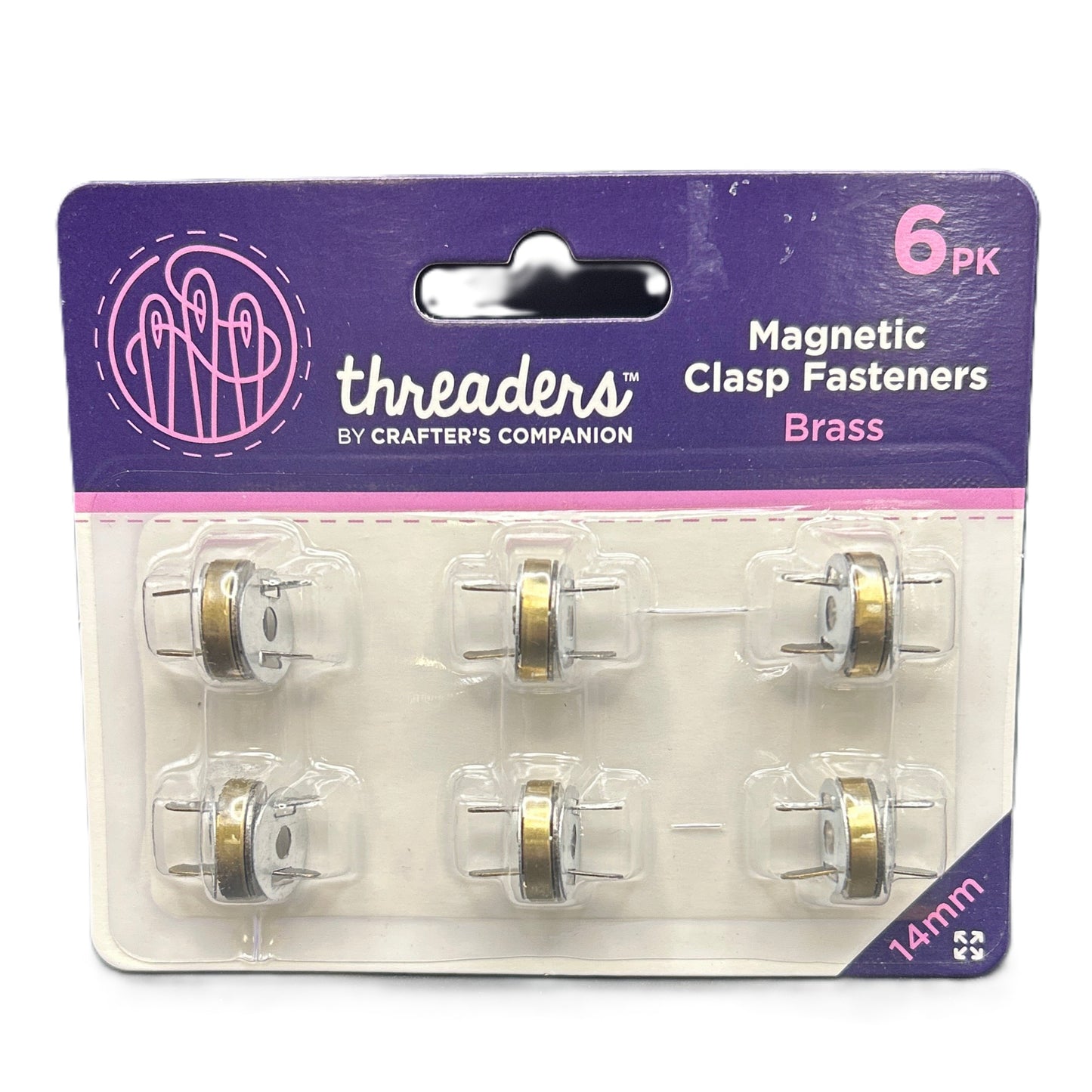 Pack of magnetic clasp fasteners by Threaders with purple and white packaging.