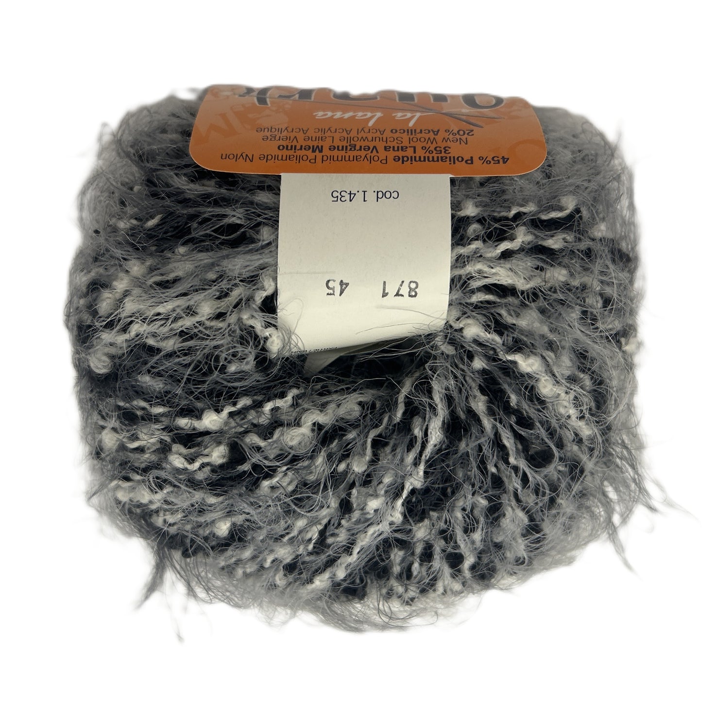Ball of gray yarn with a label on a white background