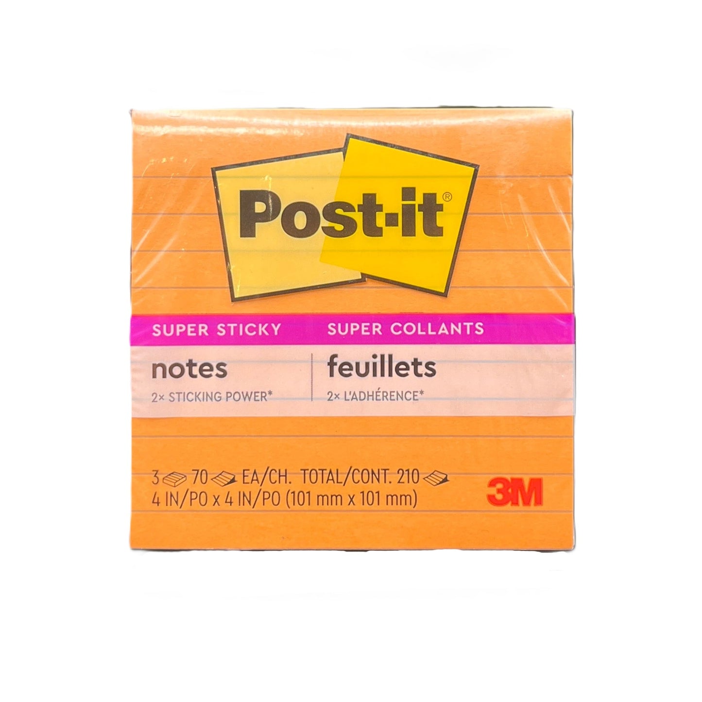 Box of Post-it Super Sticky notes with 3M branding on an orange background