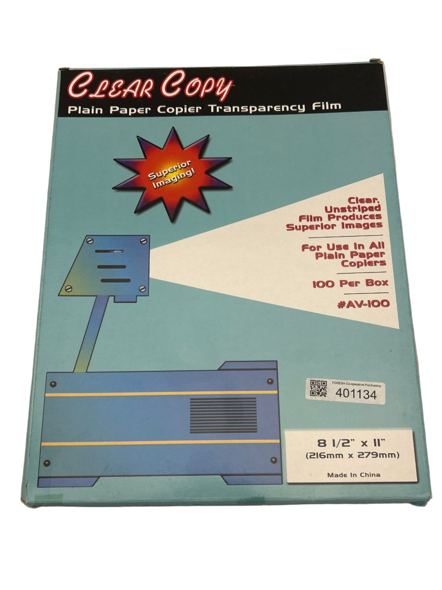 Box of Clear Copy plain paper copier transparency film with a projector illustration on a white background.