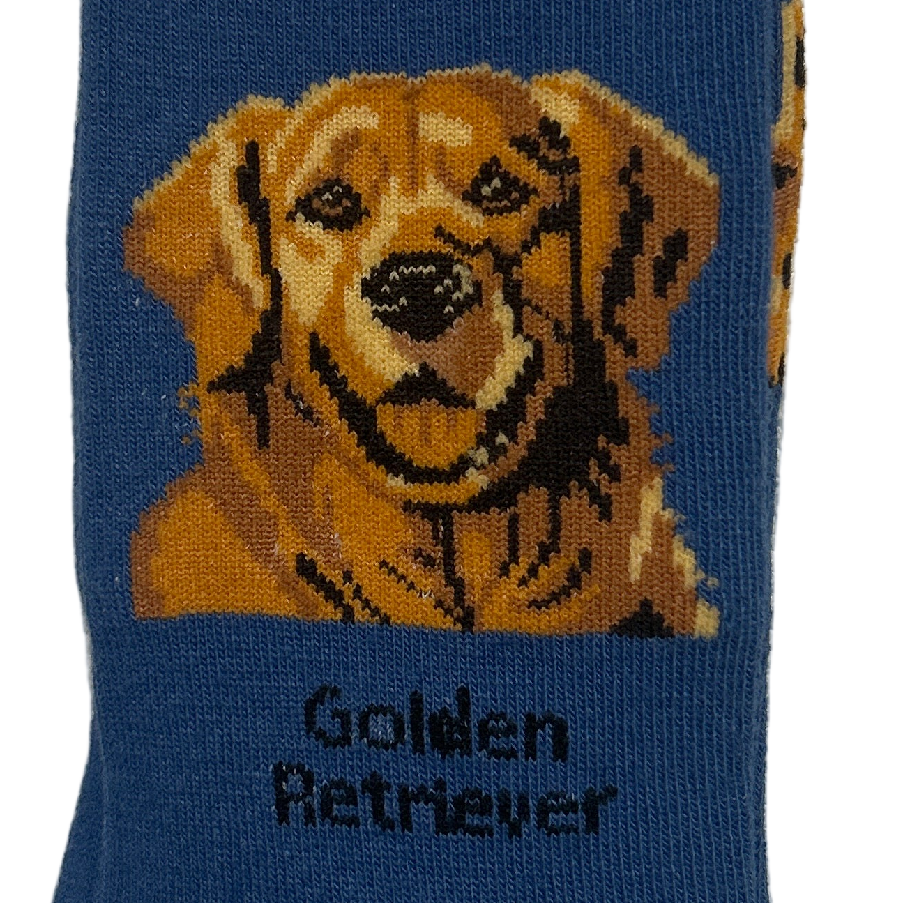 Blue sock with a Golden Retriever design and 'Socks by Lucy' packaging on a white background