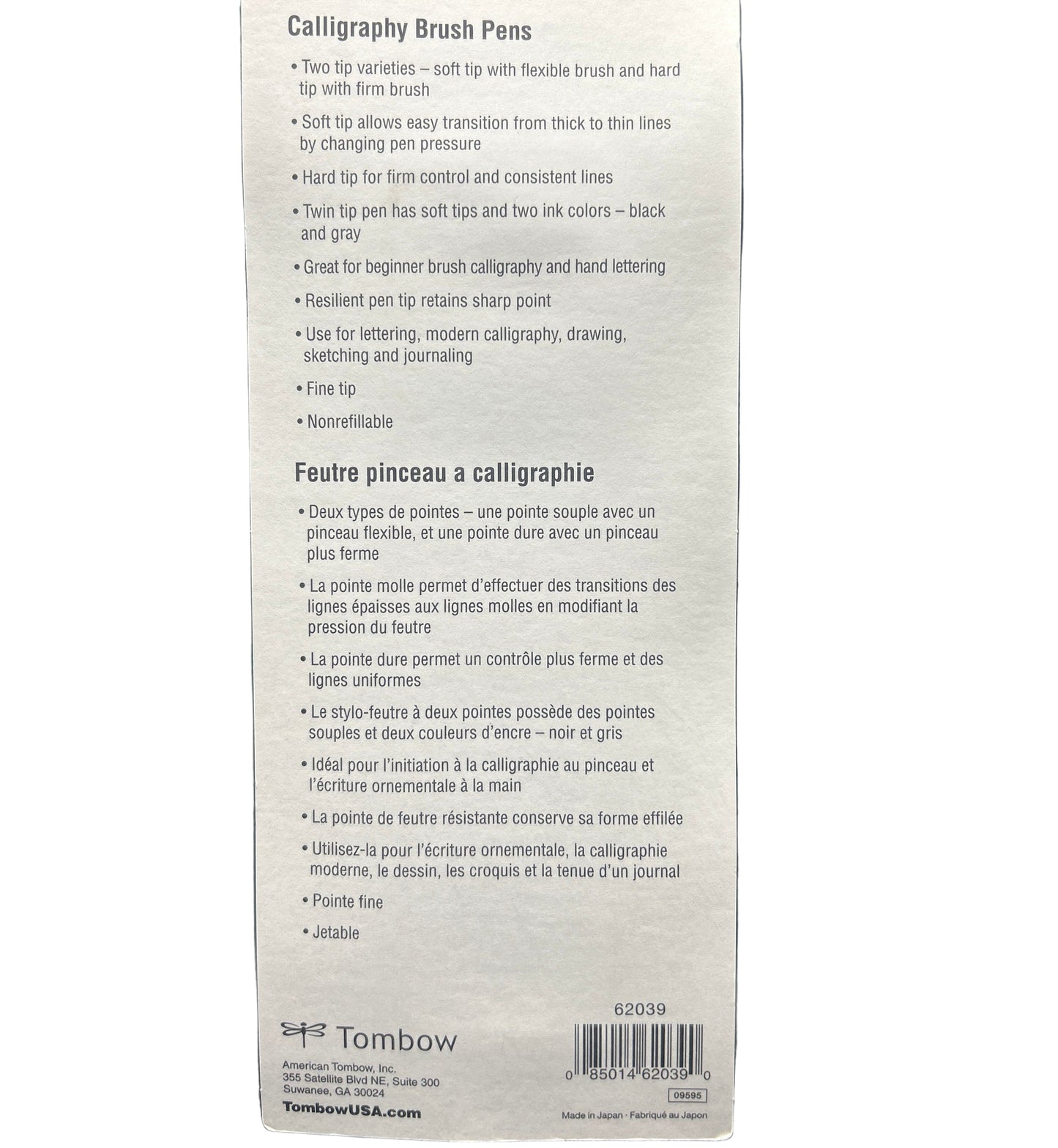 Back of a Tombow calligraphy brush pen packaging with product details.