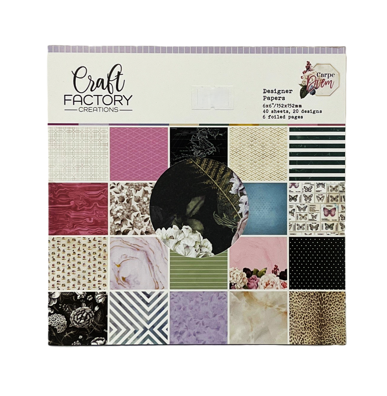 Pack of paper sheets with various patterns and designs on a white background, branded as Craft Factory Creations.