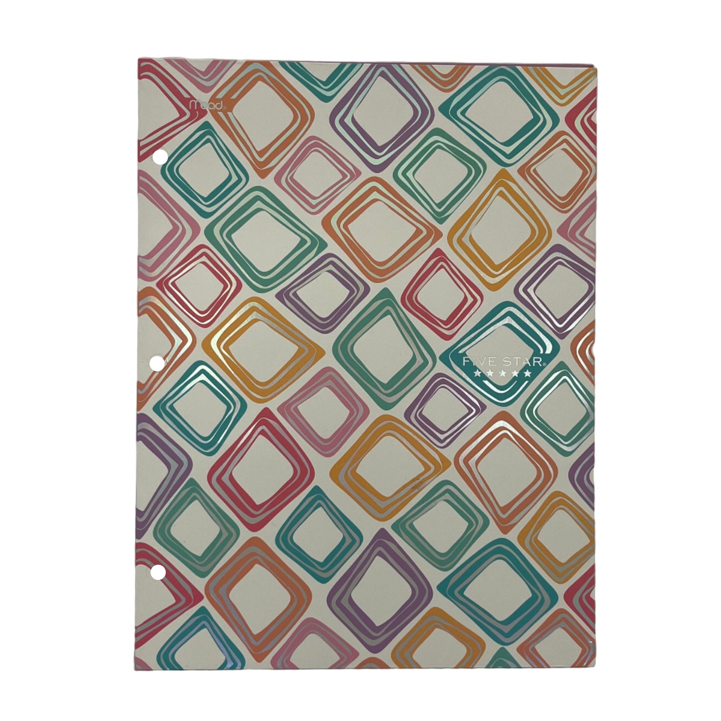 Notebook with a colorful geometric pattern on a white background