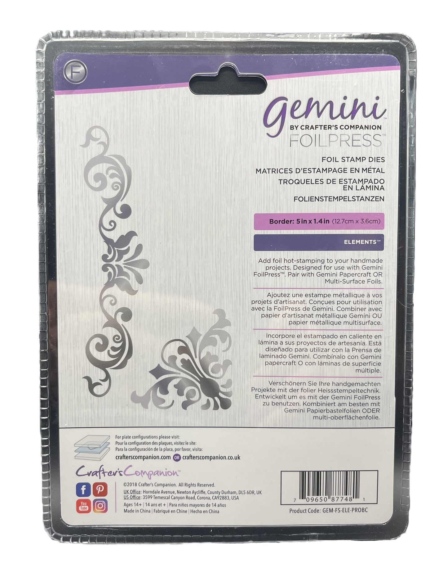 Packaging of Gemini by Crafter's Companion foil stamp die with decorative border design.