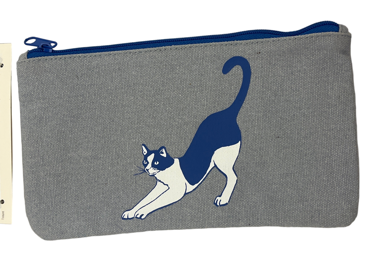 Gray pencil pouch with a cat design on a white background, featuring 'room essentials' branding.
